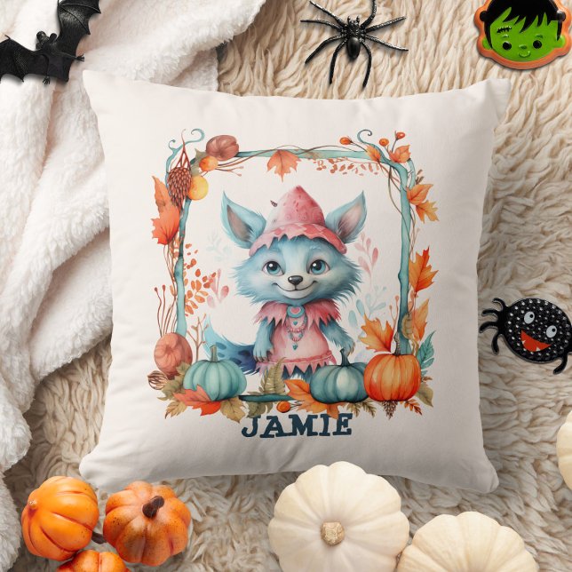 Niedlich Blue Fox Orange Pumpkin Kids Halloween Kissen (Von Creator hochgeladen)