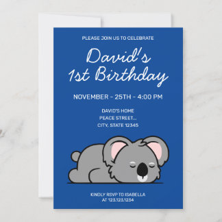 Niedlich Blue Funny Sleeping Koala 1. Geburtstag Einladung