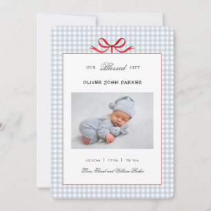 Niedlich Blue Gingham Baby Holiday Birth Ankündigung