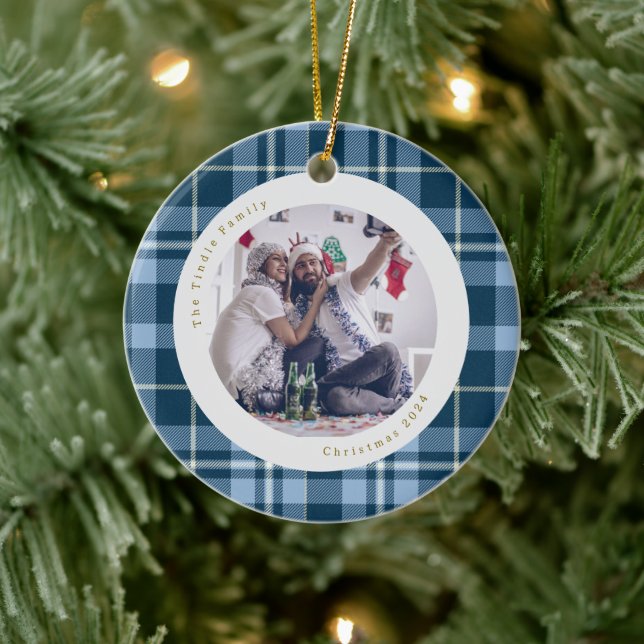 Niedlich Blue Gingham Kariert Family Foto Weihnach Keramik Ornament (Baum)