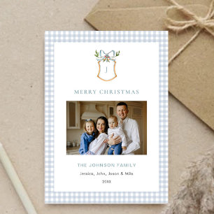 Niedlich Blue Gingham Kariert Mit Monogramm Weihna Feiertagskarte