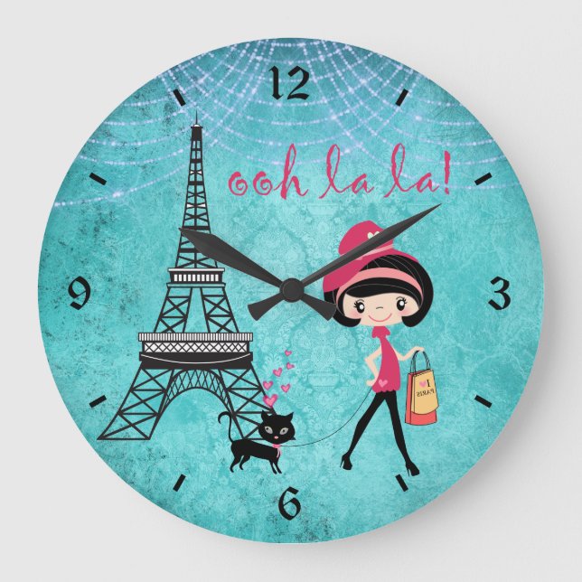 Niedlich Blue Girl, Katze und Eiffelturm Paris Uhr (Vorderseite)