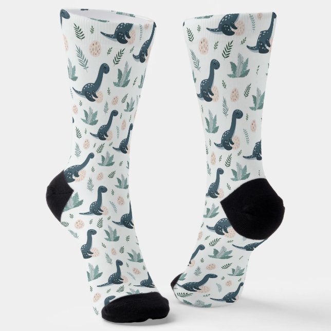 Niedlich Blue Green Dinosaurier mit Foliage und Ei Socken (Gewinkelt)