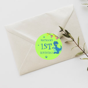 Niedlich Blue Green Dinosaurier ThemenGeburtstagsp Runder Aufkleber