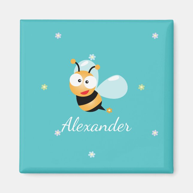 Niedlich Blue Green Sweet Bumble Bee Blume Cartoon Magnet (Vorne)