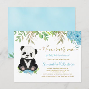 Niedlich Blue Greenery Gold Bear Boy Baby Dusche Einladungspostkarte