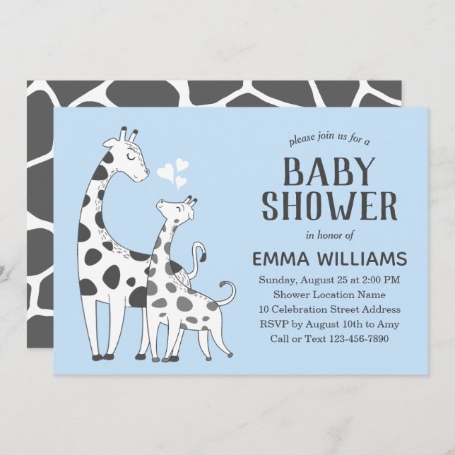 Niedlich Blue Grey Animal Giraffe Boy Baby Dusche Einladung (Vorne/Hinten)