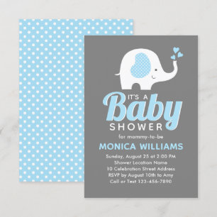 Niedlich Blue Grey Boy Elephant Baby Dusche Einlad Einladung