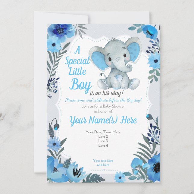 Niedlich Blue Grey Elephant Invitation Baby Dusche Einladung (Vorderseite)