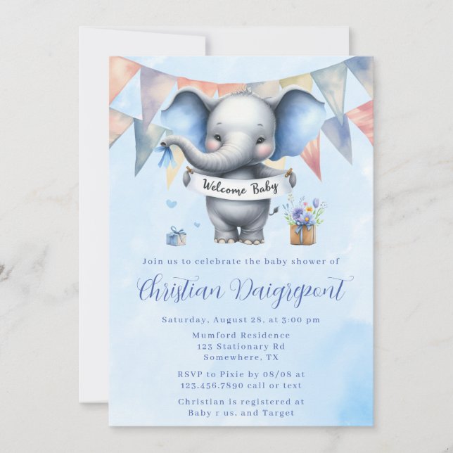 Niedlich Blue Grey Elephant Welcome Baby Boy Dusch Einladung (Vorderseite)