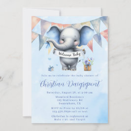 Niedlich Blue Grey Elephant Welcome Baby Boy Dusch Einladung