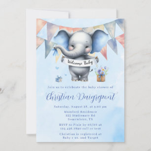 Niedlich Blue Grey Elephant Welcome Baby Boy Dusch Einladung