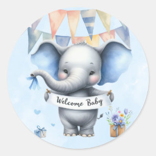 Niedlich Blue Grey Elephant Welcome Baby Boy Dusch Runder Aufkleber