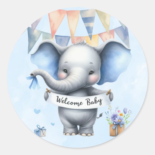 Niedlich Blue Grey Elephant Welcome Baby Boy Dusch Runder Aufkleber (Vorderseite)