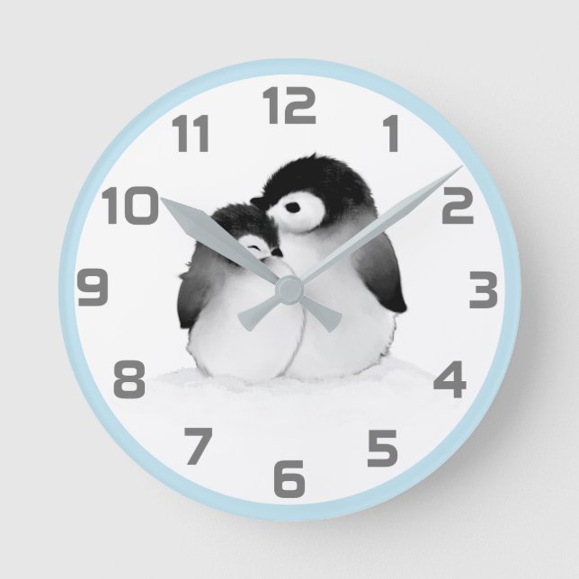 Niedlich Blue Grey Pinguine Wall Clock Runde Wanduhr (Vorderseite)
