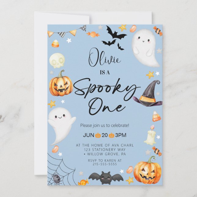 Niedlich Blue Halloween Ghost 1. Junge Geburtstag Einladung (Vorderseite)