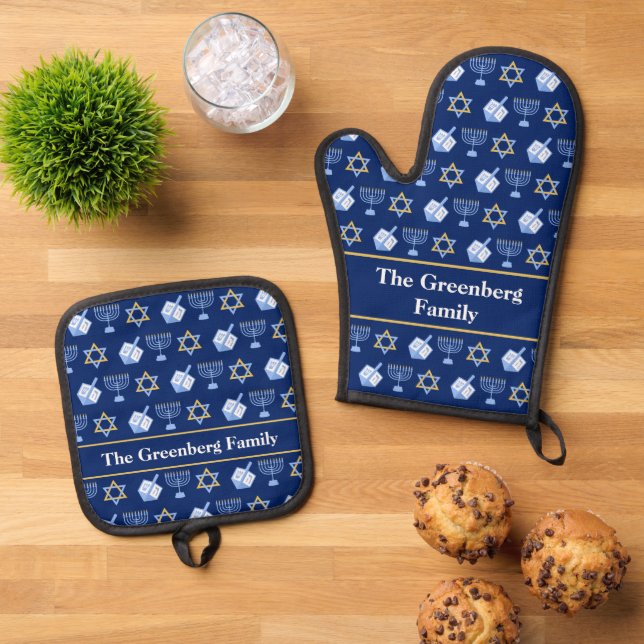 Niedlich Blue Hanukkah Muster Personalisiert Ofenhandschuh & Topflappen-Set (Oben Unten)