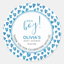 Niedlich Blue Heart Baby Dusche Es ist ein Junge Runder Aufkleber