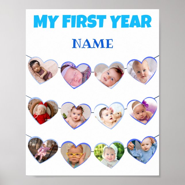 Niedlich Blue Hearts Mein erstes Jahr 12 FotoColla Poster (Vorne)