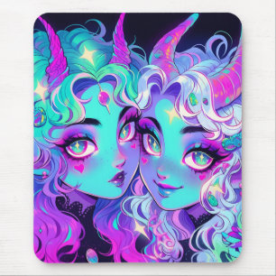 Niedlich Blue Horned Alien Twins Anime Girls Mousepad