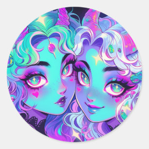 Niedlich Blue Horned Alien Twins Anime Girls Runder Aufkleber