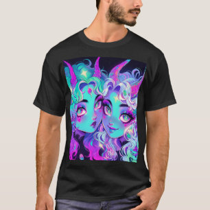 Niedlich Blue Horned Alien Twins Anime Girls T-Shirt