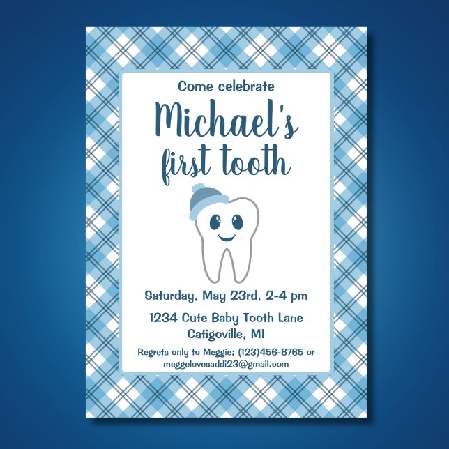 Niedlich Blue Kariert Baby Boy's First Tooth Party Einladung (Von Creator hochgeladen)