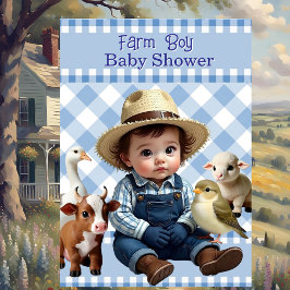 Niedlich Blue Karo Farm Boy Baby Shower Animes Einladung