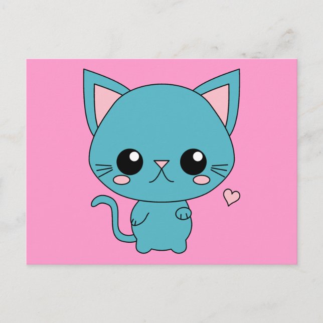 Niedlich Blue Kawaii Cat Postkarte (Vorderseite)