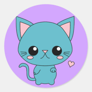 Niedlich Blue Kawaii Cat Runder Aufkleber