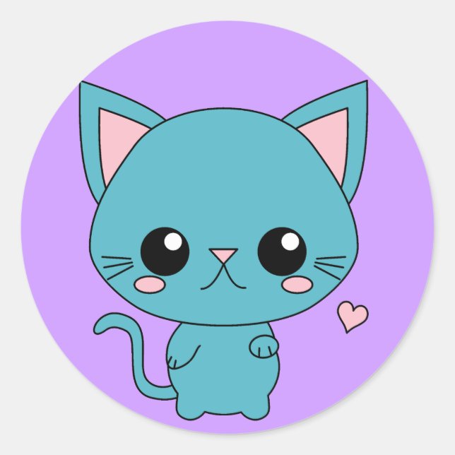 Niedlich Blue Kawaii Cat Runder Aufkleber (Vorderseite)