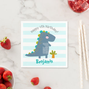 Niedlich Blue Kawaii Dinosaur Boy Birthday Name Fu Serviette