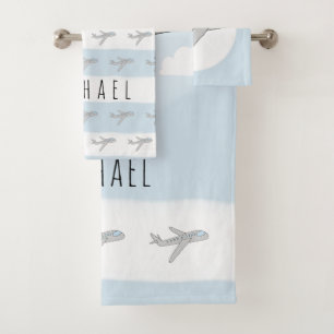 Niedlich Blue Kids Blue Airplane Design & Name Badhandtuch Set