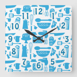 Niedlich Blue Kitchenware Kochwerkzeuge Muster Art Quadratische Wanduhr