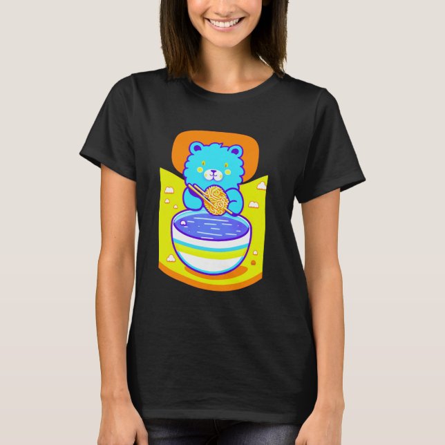 Niedlich Blue Lion Enjoying Ramen Noodles T-Shirt (Vorderseite)