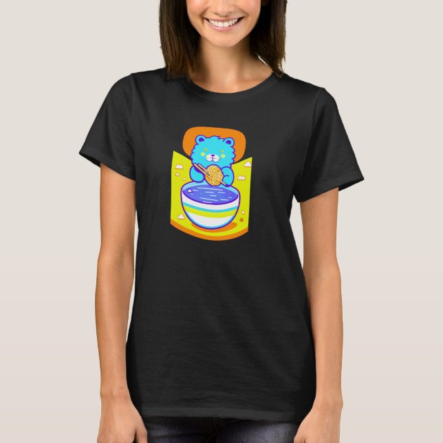 Niedlich Blue Lion Enjoying Ramen Noodles T-Shirt (Vorderseite)