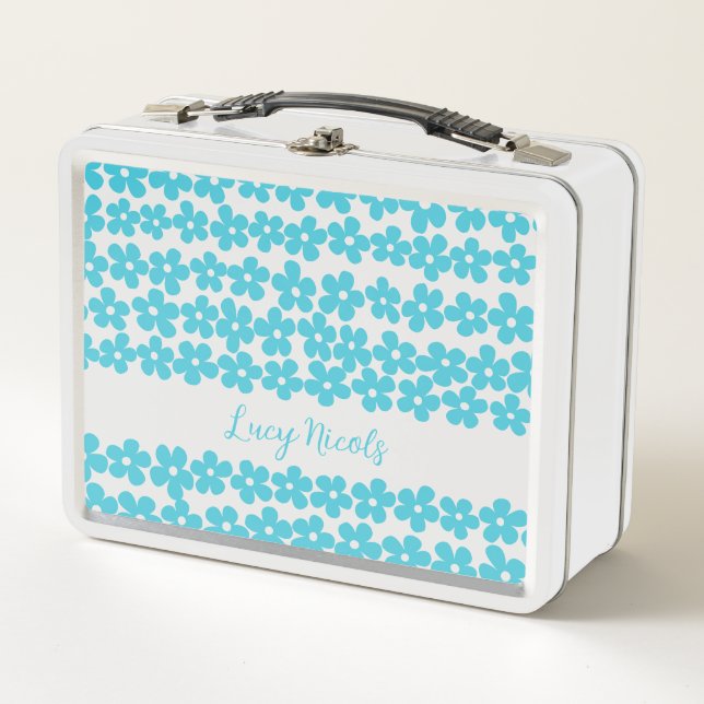 Niedlich Blue Minimalistisch Daisy Muster Blumenbe Metall Brotdose (Vorderseite)