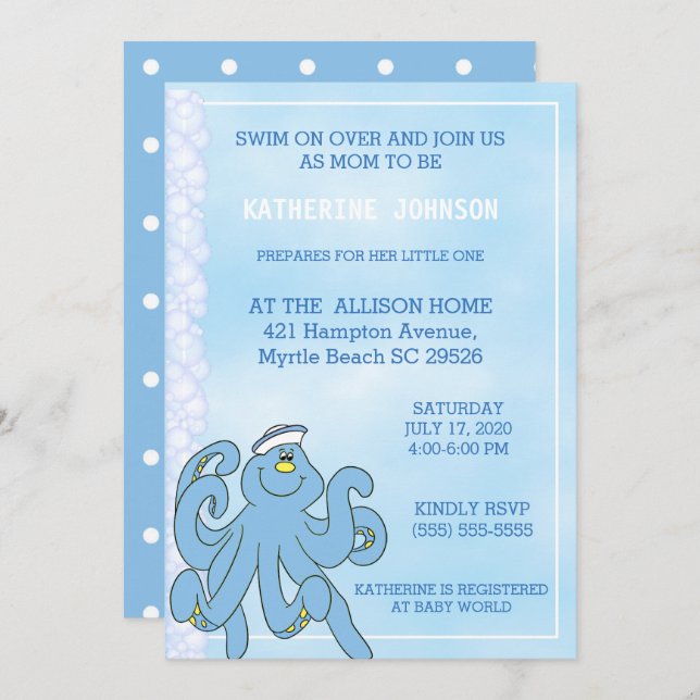 Niedlich Blue Octopus Baby Dusche Einladung (Vorne/Hinten)