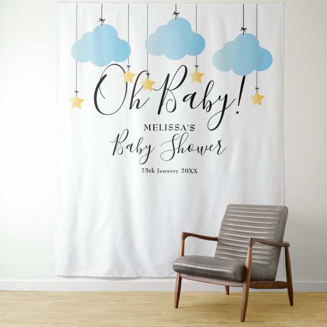Niedlich Blue Oh Baby Dusche Foto Stand Hintergrun Wandteppich (Beispiel)