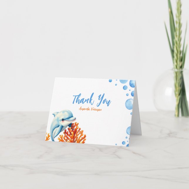 Niedlich Blue & Orange Coral Dolphin Kindergeburts Dankeskarte (Vorderseite)