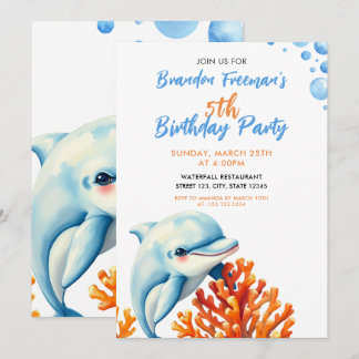 Niedlich Blue & Orange Coral Dolphin Kindergeburts Einladung