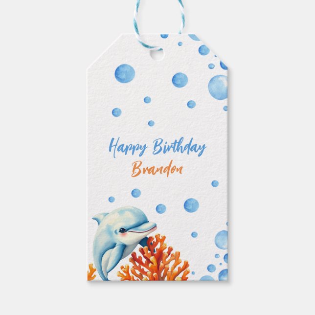 Niedlich Blue & Orange Coral Dolphin Kindergeburts Geschenkanhänger (Vorderseite)