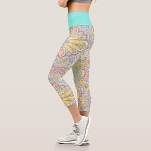 Niedlich Blue Orange Pink Lila Weiß Paisley Flora Capri Leggings