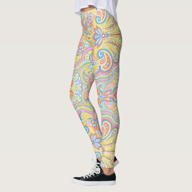 Niedlich Blue Orange Pink Lila Weiß Paisley Floral Leggings (Links)