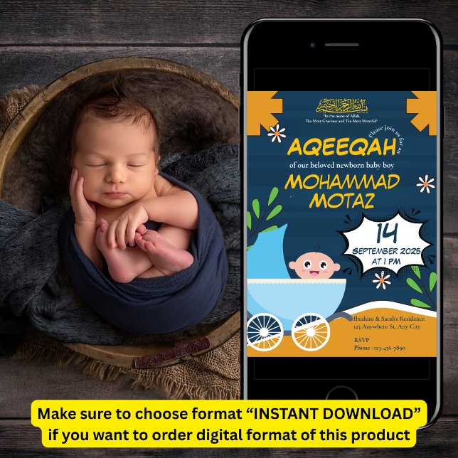 Niedlich Blue Orange Stroller Baby Boy Muslim Aqee Einladung (Von Creator hochgeladen)