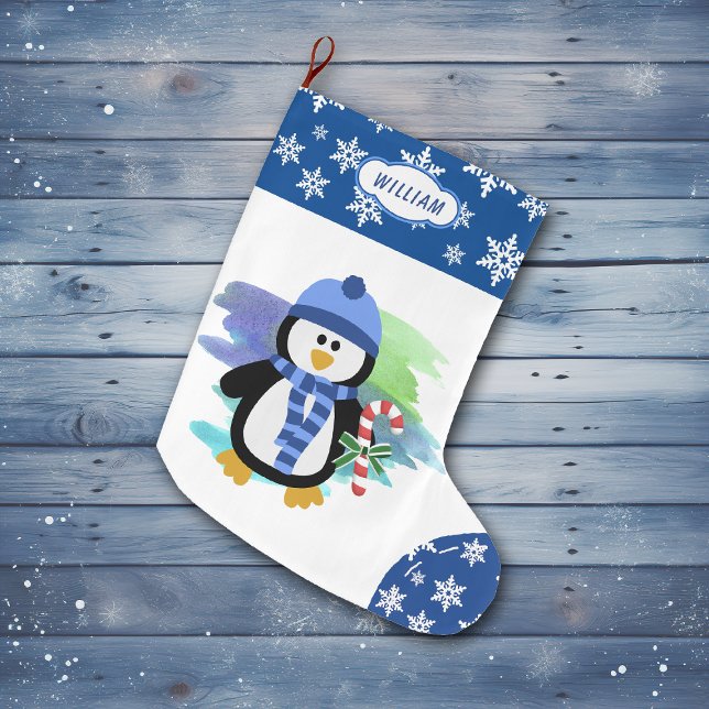 Niedlich Blue Penguin Candy Cane Großer Weihnachtsstrumpf (Von Creator hochgeladen)