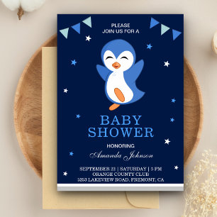 Niedlich Blue Pinguin Baby Dusche Einladung