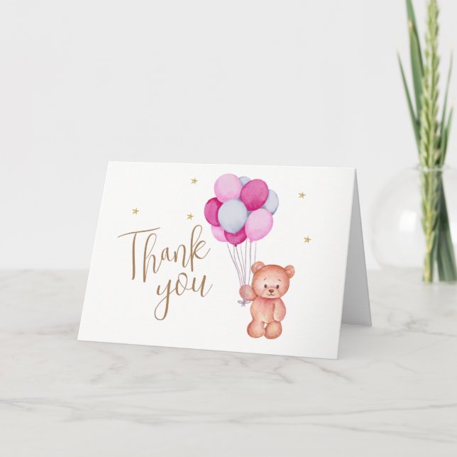 Niedlich Blue Pink Ballon Teddy Bear Baby Dusche Dankeskarte (Vorderseite)