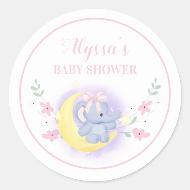 Niedlich Blue Pink Elephant Moon Baby Girl Dusche Runder Aufkleber (Vorderseite)