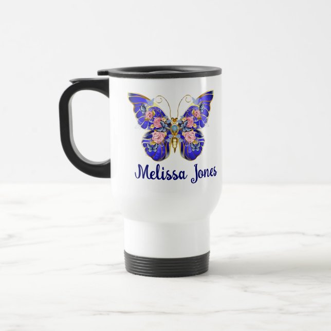 Niedlich Blue Pink Gold Butterfly Name Weiß Reisebecher (Links)